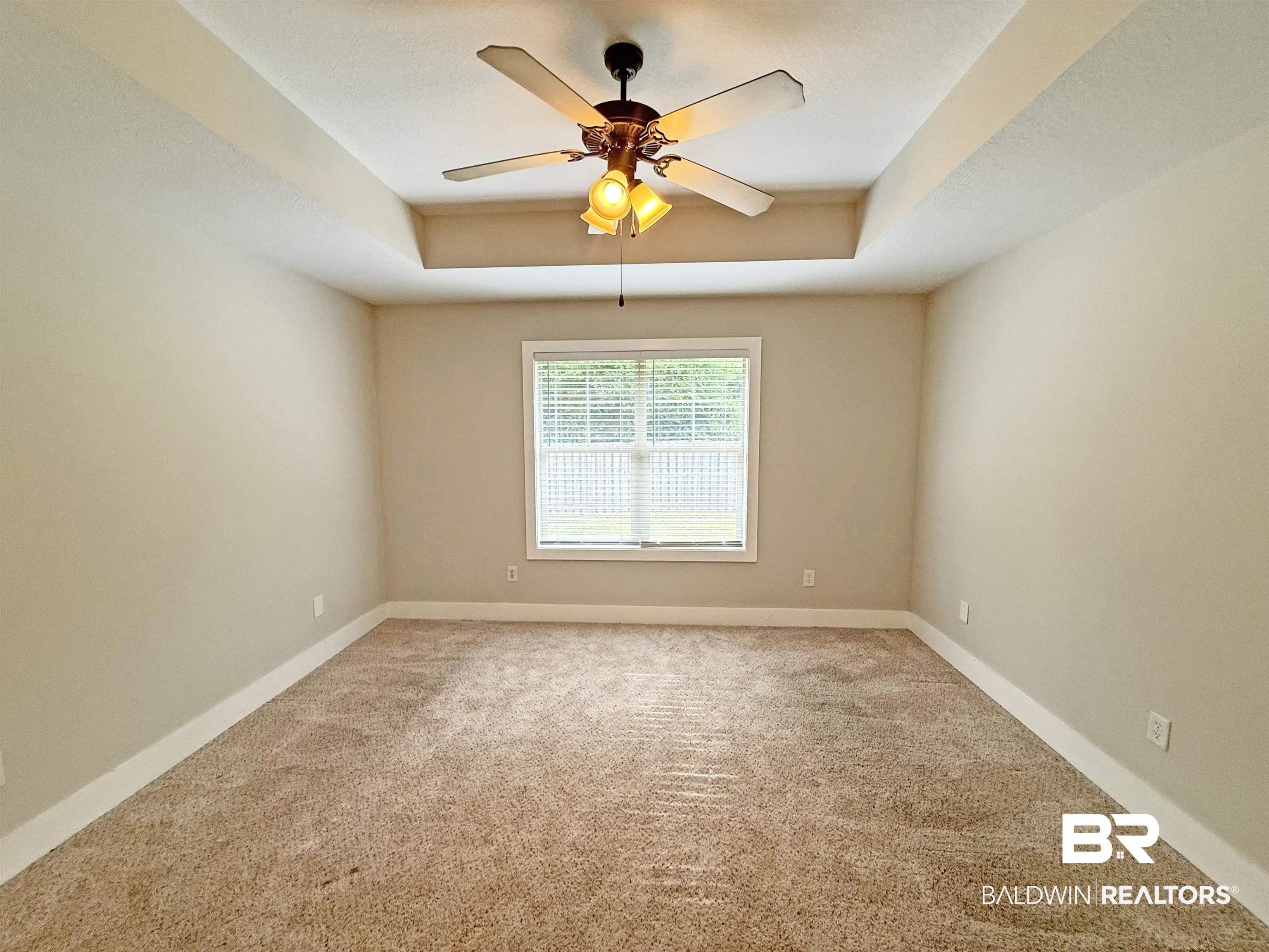 22023 Garland Loop Silverhill, AL 36576 - Photo 16 of 33 Empty room with carpet floors, ceiling fan, and a tray ceiling