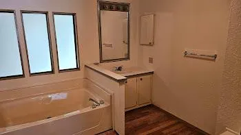 a bathroom with a tub sink and vanity