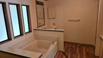 a bathroom with a bathtub