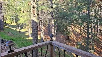 a view of a balcony with trees