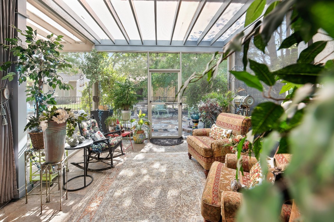 a room with lots of potted plants and large trees