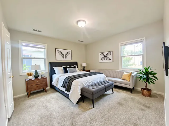 a bedroom with a bed and a couch
