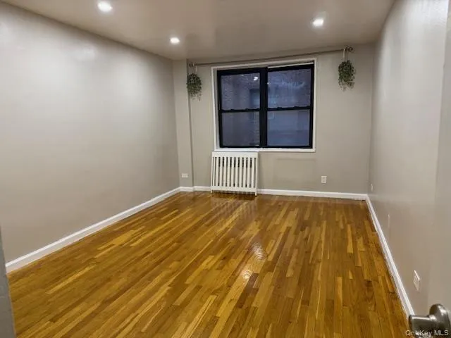 a view of empty room with wooden floor