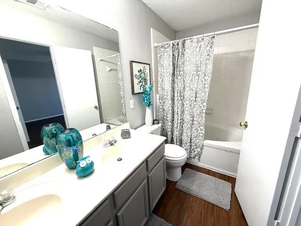 a bathroom with a sink a toilet and shower curtain
