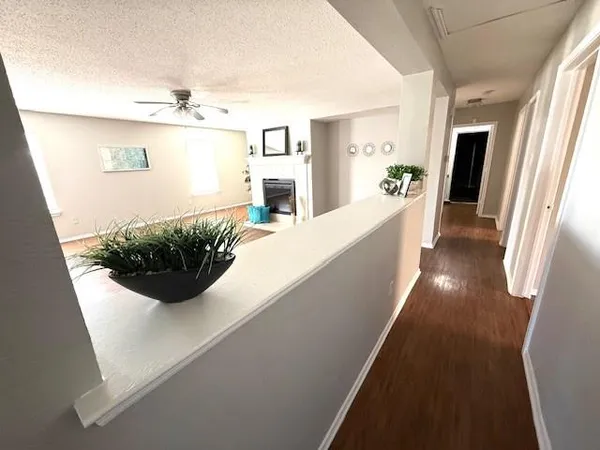 a view of a hallway with furniture and a potted plant