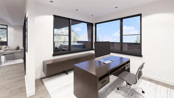 a living room with furniture and large window
