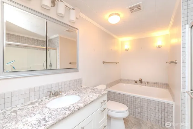 a bathroom with a granite countertop sink a toilet and a mirror