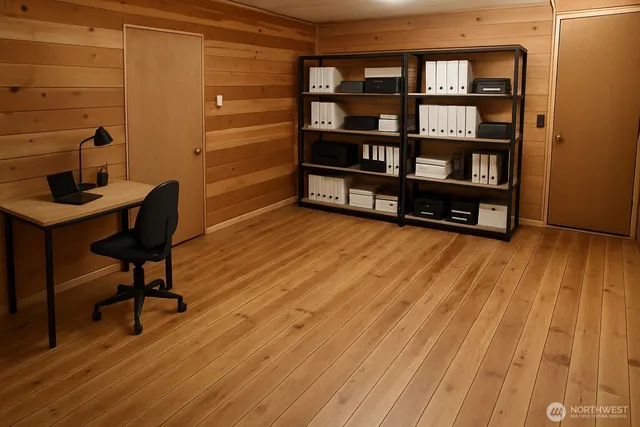 a porch with a table and chairs and potted plants