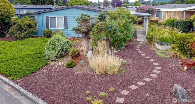 a view of a house with a yard and potted plants