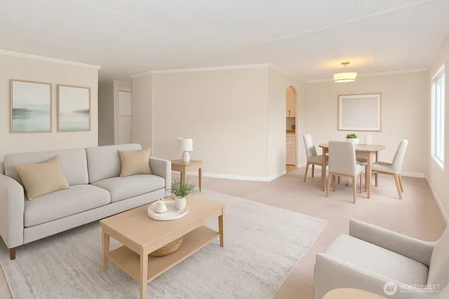 a living room with furniture a wooden floor and a sink