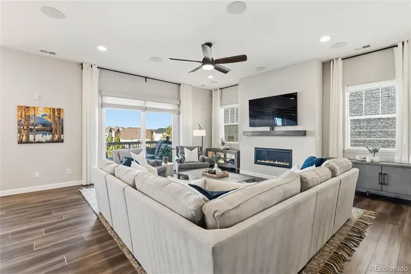 a living room with furniture fireplace and a flat screen tv