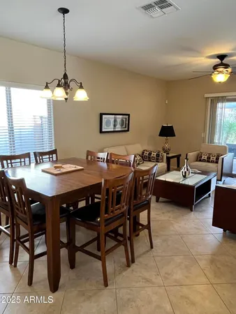 a view of a dining room with furniture