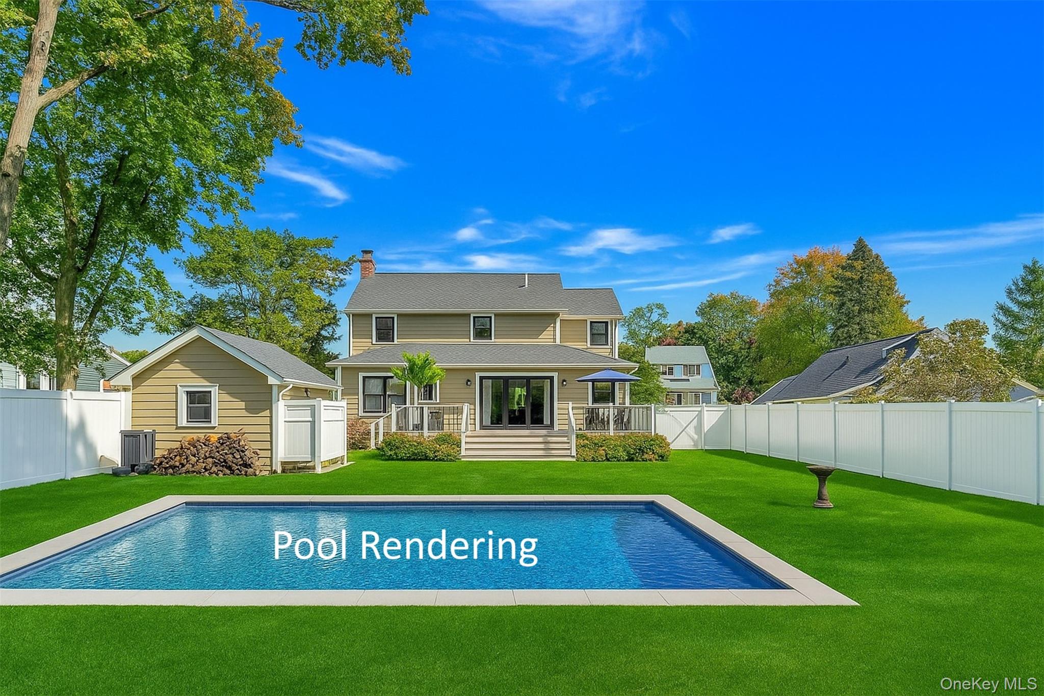 619 Bailey Avenue Greenport, NY 11944 - Photo 27 of 34 Back of property featuring a chimney, a fenced backyard, a storage unit, and a patio area