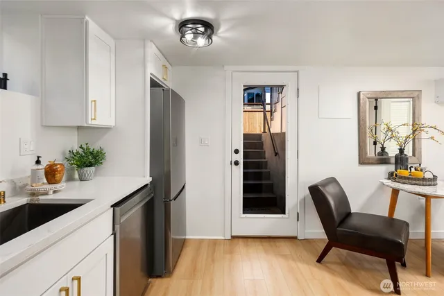 a living room with furniture and a table