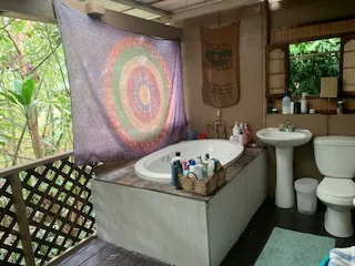 a bathroom with a sink toilet and mirror