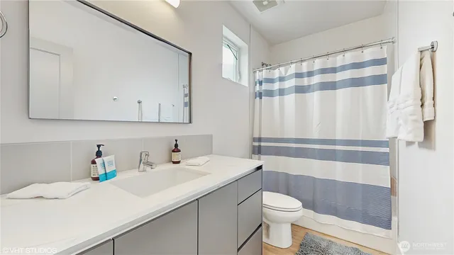 a bathroom with a sink a toilet and shower curtain