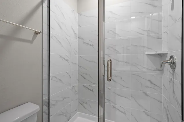 a bathroom with a shower and toilet