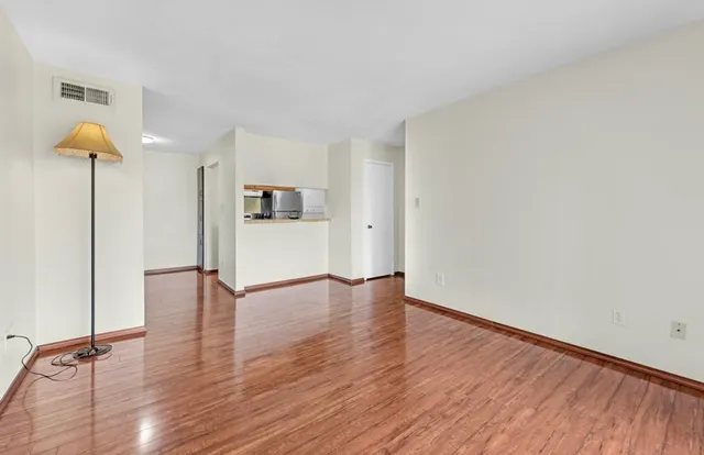 a view of empty room with wooden floor