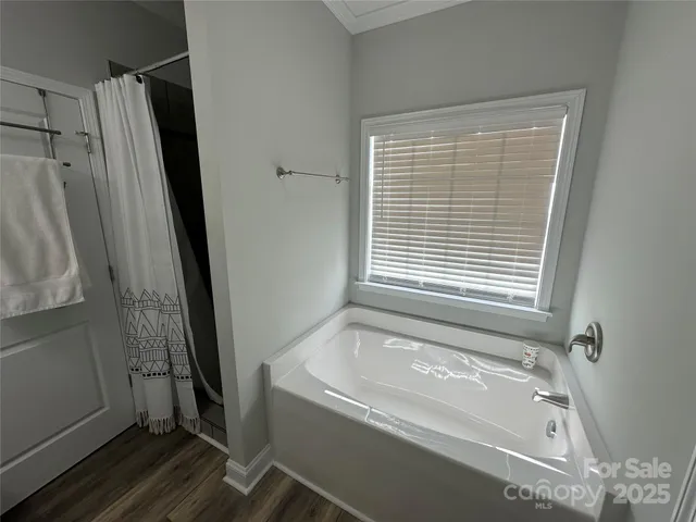 a bathroom with a bathtub and a shower