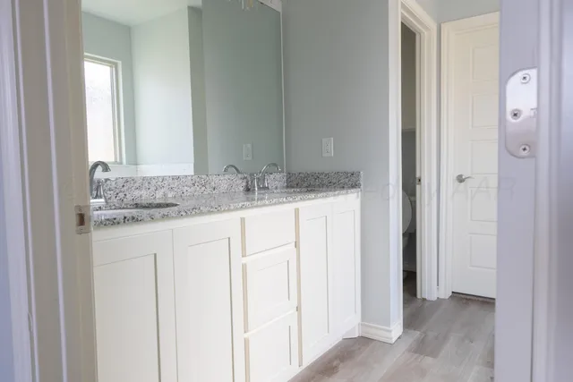 a bathroom with a granite countertop sink and a mirror