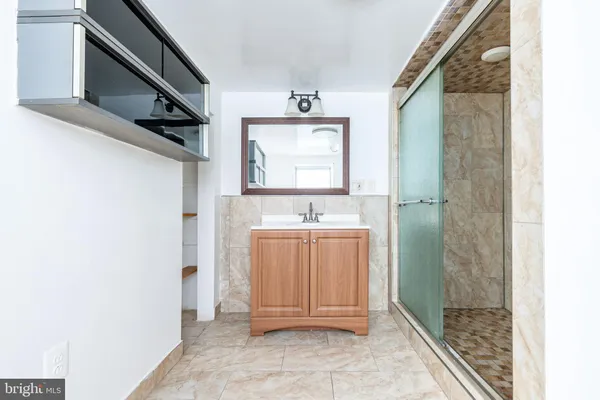 a bathroom with a sink a mirror and a shower