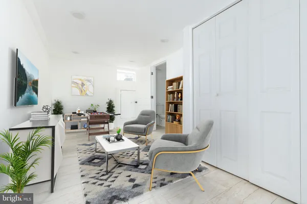 a living room with furniture a rug and a potted plant