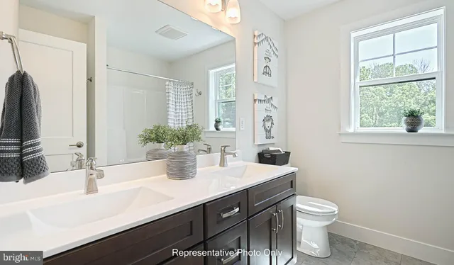 a bathroom with a double vanity sink toilet and a mirror