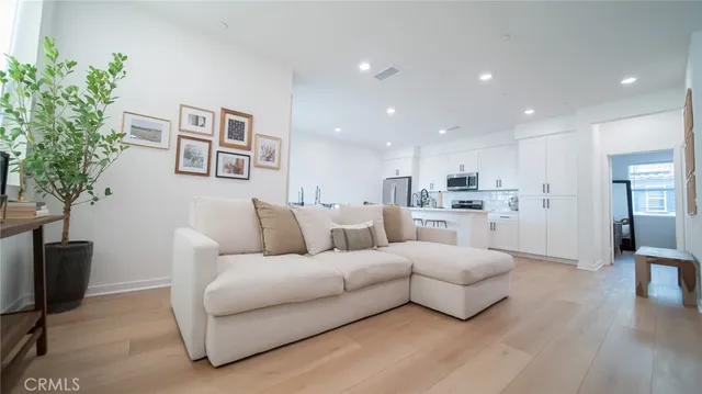 a living room with furniture and a potted plant