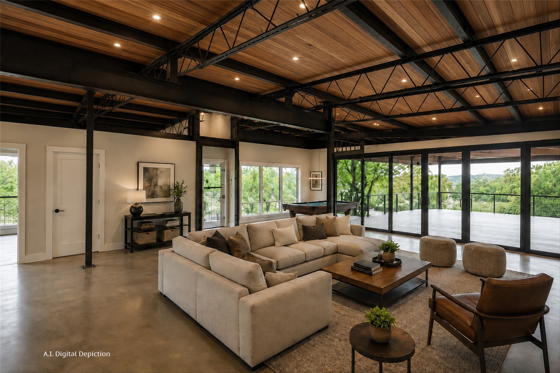 325 Eagle Rest Burnet, TX 78611 - Photo 14 of 40 AI generated photo. A spacious great room offers high ceilings with exposed wood and beams, alongside abundant natural light from large windows and glass doors.