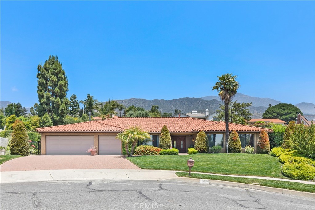 a front view of a house with a yard and palm trees