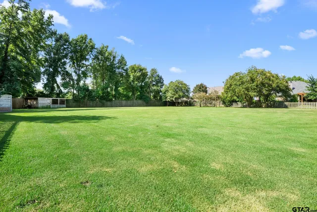 a view of a grassy field with trees in the background