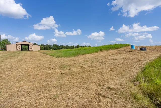 a view of a dry yard with wooden fence