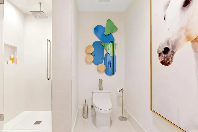 a bathroom with a shower and a toilet