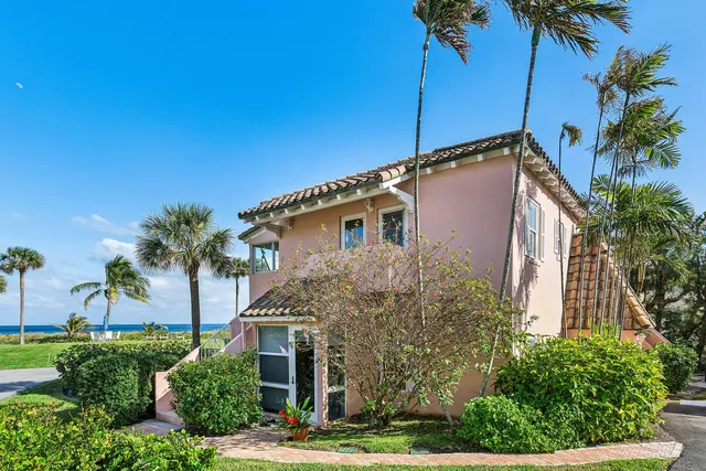 a palm tree sitting in front of a house with a small yard