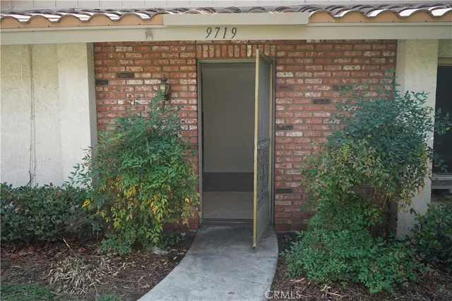 a couple of potted plants in front of door