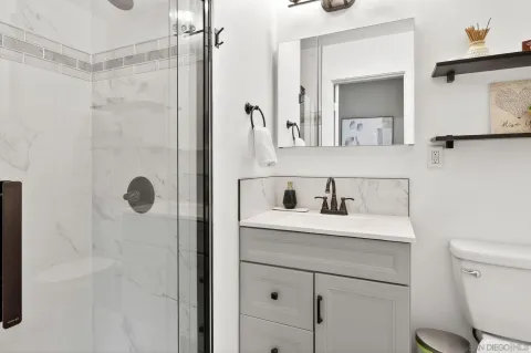 a bathroom with a shower sink vanity and mirror