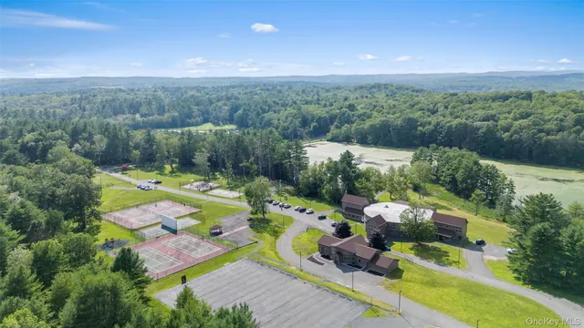 a view of a lake with lawn chairs and a large tree