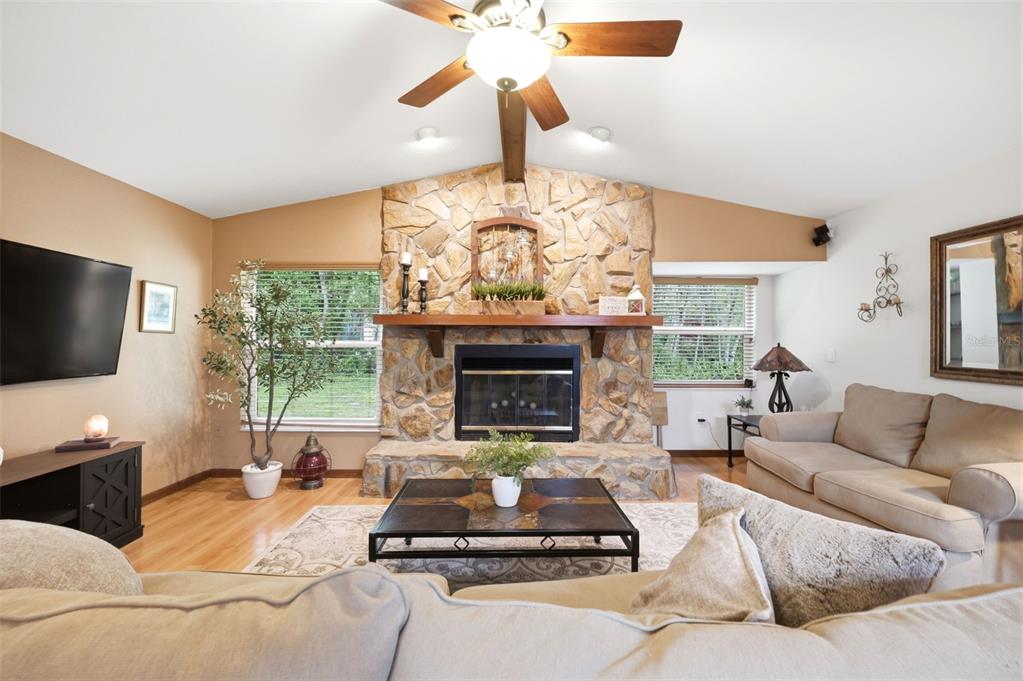 5227 Suwannee Road Weeki Wachee, FL 34607 - Photo 13 of 62 a living room with furniture a fireplace and a flat screen tv