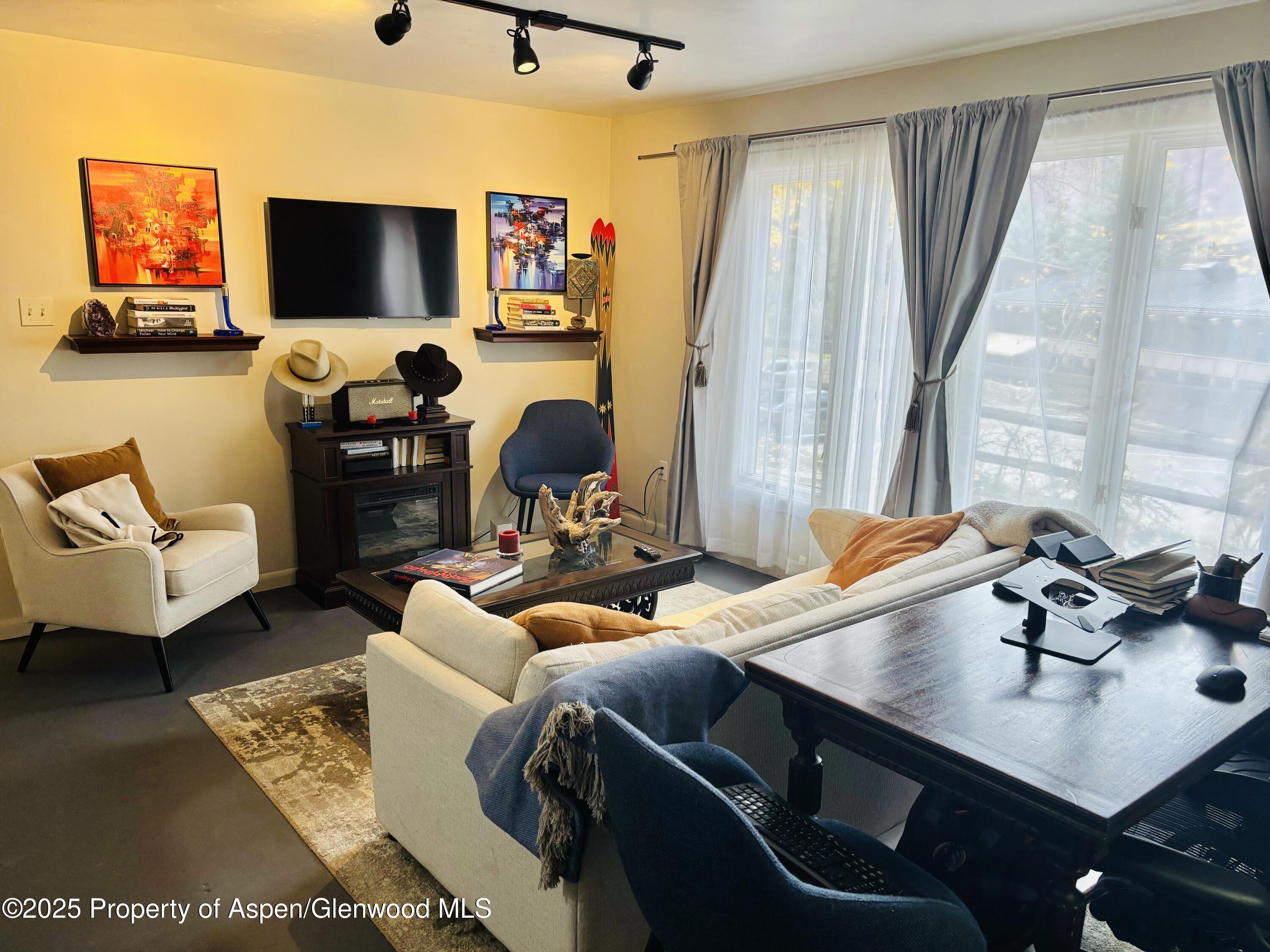 107 Aspen Mountain Road, Unit 4 Aspen, CO 81611 - Photo 6 of 8 a living room with furniture and a flat screen tv