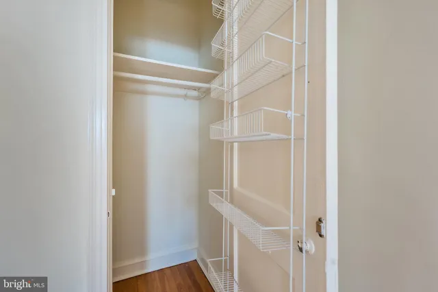 a view of an empty walk in closet with wooden floor