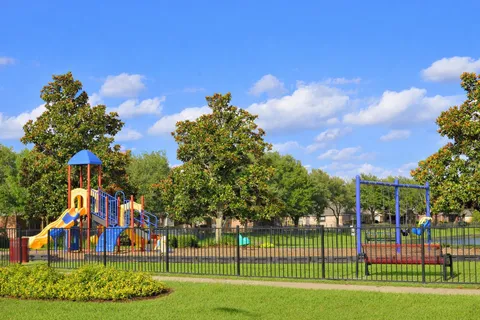 a view of a park with large trees