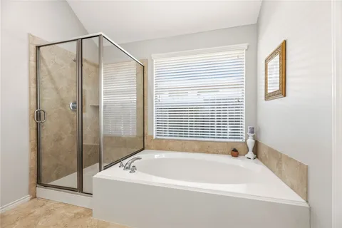 a bathroom with a bathtub and shower