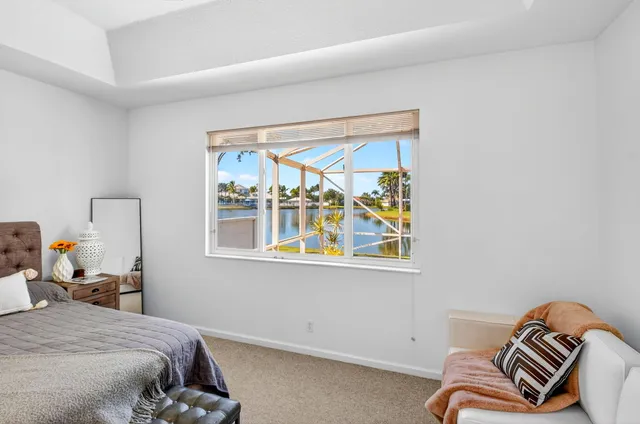an aerial view of a house with a yard potted plants and large tree