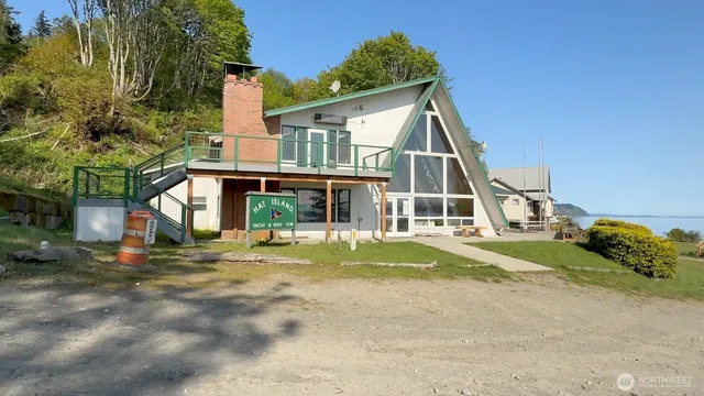 a view of a lake with a city