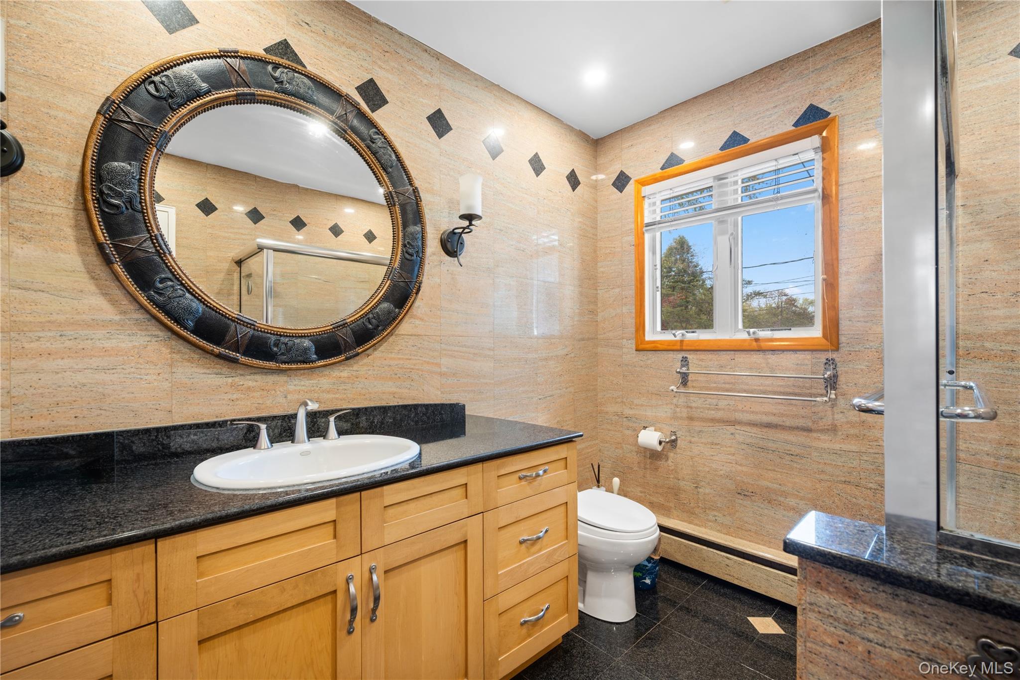 150 Roxton Road Plainview, NY 11803 - Photo 15 of 25 a bathroom with a granite countertop toilet a sink and a mirror