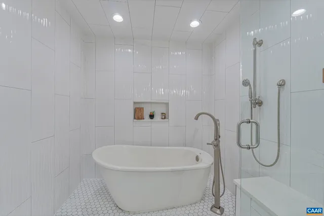 a bathroom with a bathtub and a shower