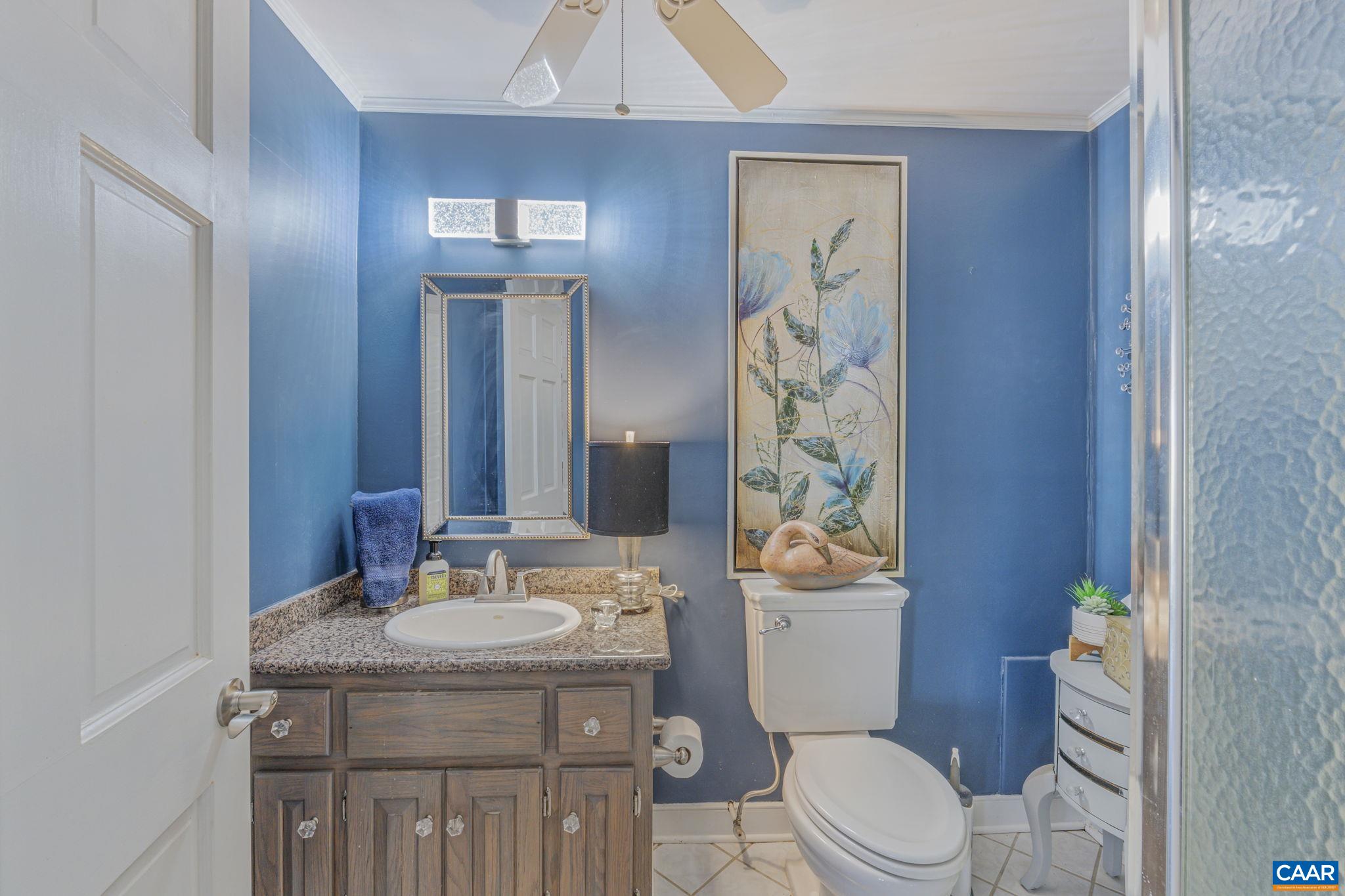 1353 Banton Shop Road Dillwyn, VA 23936 - Photo 24 of 57 a bathroom with a granite countertop toilet a sink and a mirror