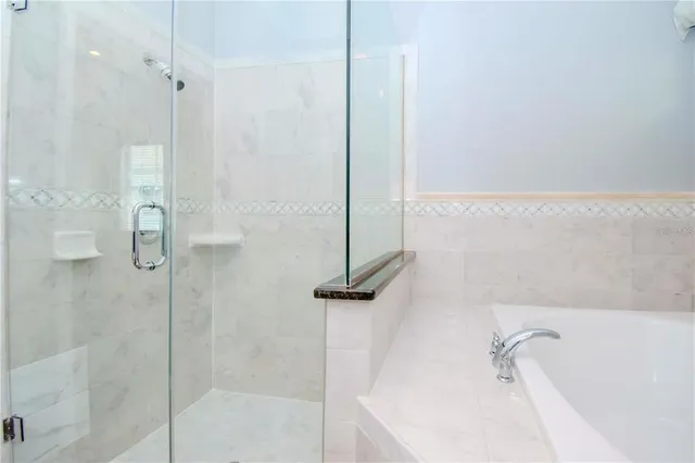 a bathroom with a shower and a bath tub