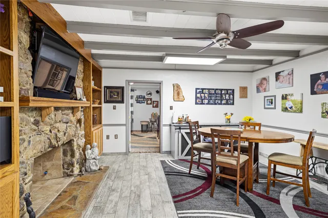 a view of a dining room with furniture