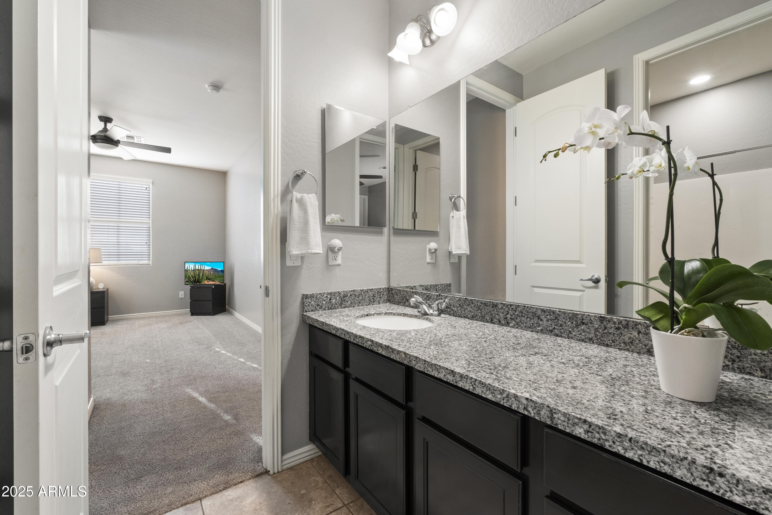5123 South Mariposa Drive Gilbert, AZ 85298 - Photo 19 of 35 a bathroom with a granite countertop sink a mirror and shower